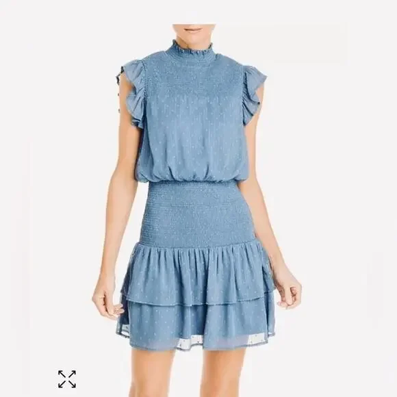 Aqua Ruffle Dress Smocked Short Sleeve Blue Swiss Dot Womens size Large - Picture 1 of 15